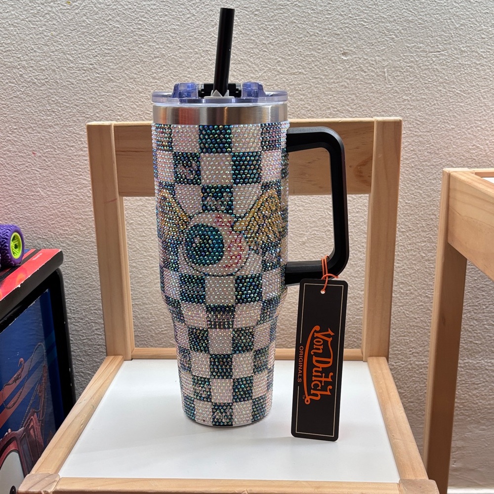 Von Dutch Flying Eyeball Rhinestone 40 oz tumbler with straw lid and handle